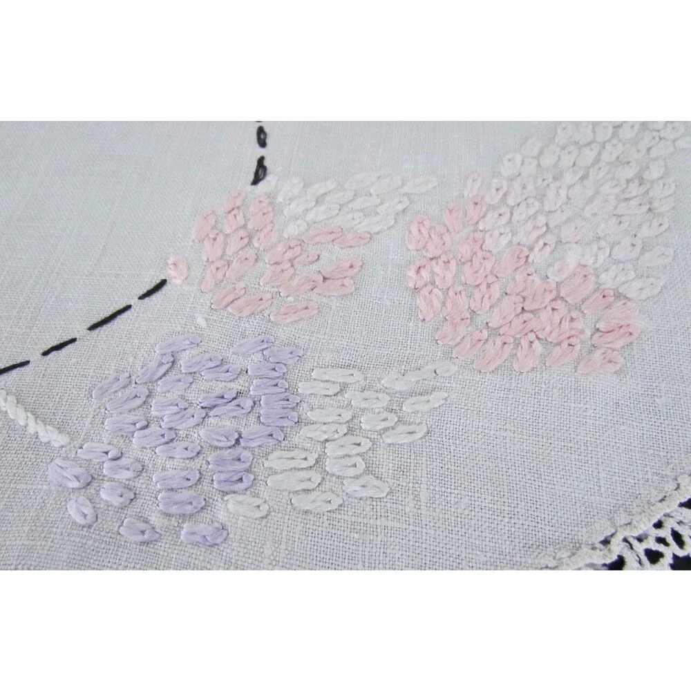 Vintage Butterfly Floral Doily Dresser Scarf Embroidery Set Linen Crochet Edges